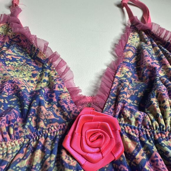 Y2K Fairycore Pink Rose Slip Dress Stretch Mesh Ruffle Coquette S XS Romantic - Picture 7 of 11